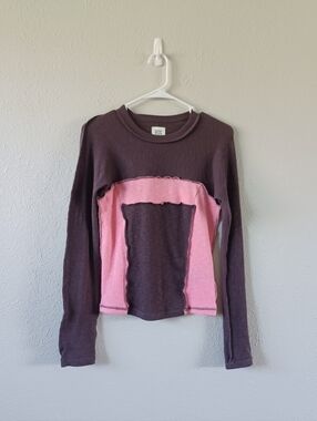 BDG Ribbed Long Sleeve Top Reverse Stitch Knit Shirt Pink / Brown